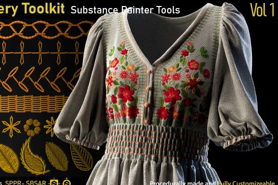 3d建模培训——Substance Painter刺绣工具包服装针织布料花朵花纹